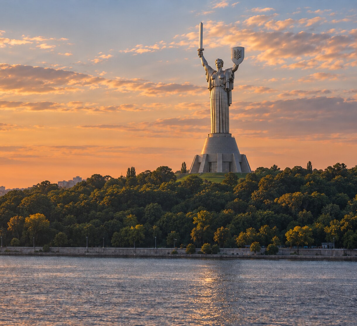 Концептуальна ілюстрація монумента з тризубом у Києві на тлі теплого вечірнього неба.